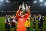 28 November 2021; St Patrick's Athletic goalkeeper Vitezslav Jaros celebrates with the FAI Challenge cup after the Extra.ie FAI Cup Final match between Bohemians and St Patrick's Athletic at Aviva Stadium in Dublin. Photo by Stephen McCarthy/Sportsfile