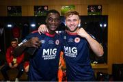 28 November 2021; James Abankwah, and Paddy Barrett of St Patrick's Athletic celebrate in the dressing room after the Extra.ie FAI Cup Final match between Bohemians and St Patrick's Athletic at Aviva Stadium in Dublin. Photo by Stephen McCarthy/Sportsfile