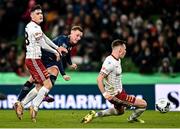 28 November 2021; Chris Forrester of St Patrick's Athletic in action against Dawson Devoy, left, and Andy Lyons of Bohemians during the Extra.ie FAI Cup Final match between Bohemians and St Patrick's Athletic at Aviva Stadium in Dublin. Photo by Seb Daly/Sportsfile