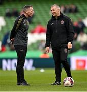 28 November 2021; Bohemians first team player development coach Derek Pender, left, and assistant manager Trevor Croly before the Extra.ie FAI Cup Final match between Bohemians and St Patrick's Athletic at Aviva Stadium in Dublin. Photo by Seb Daly/Sportsfile