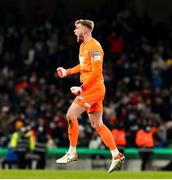 28 November 2021; St Patrick's Athletic goalkeeper Vitezslav Jaros celebrates his sides first goal scored by Chris Forrester during the Extra.ie FAI Cup Final match between Bohemians and St Patrick's Athletic at Aviva Stadium in Dublin. Photo by Michael P Ryan/Sportsfile