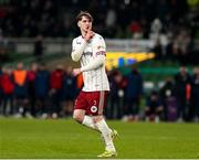 28 November 2021; Stephen Mallon of Bohemians gestures towards the St Patrick's Athletic supporters after his scored his penalty in the penalty shootout during the Extra.ie FAI Cup Final match between Bohemians and St Patrick's Athletic at Aviva Stadium in Dublin. Photo by Michael P Ryan/Sportsfile
