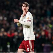 28 November 2021; Stephen Mallon of Bohemians gestures towards the St Patrick's Athletic supporters after his scored his penalty in the penalty shootout during the Extra.ie FAI Cup Final match between Bohemians and St Patrick's Athletic at Aviva Stadium in Dublin. Photo by Michael P Ryan/Sportsfile