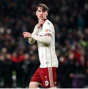 28 November 2021; Stephen Mallon of Bohemians gestures towards the St Patrick's Athletic supporters after his scored his penalty in the penalty shootout during the Extra.ie FAI Cup Final match between Bohemians and St Patrick's Athletic at Aviva Stadium in Dublin. Photo by Michael P Ryan/Sportsfile