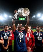 28 November 2021; James Abankwah of St Patrick's Athletic celebrates with the cup following the Extra.ie FAI Cup Final match between Bohemians and St Patrick's Athletic at Aviva Stadium in Dublin. Photo by Stephen McCarthy/Sportsfile