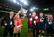 28 November 2021; Anthony Delaney, Brian Kerr, Garrett Kelleher, Paddy Barrett and Jak Hickman celebrate with the cup following the Extra.ie FAI Cup Final match between Bohemians and St Patrick's Athletic at Aviva Stadium in Dublin. Photo by Stephen McCarthy/Sportsfile