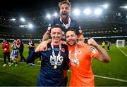 28 November 2021; St Patrick's Athletic players, from left, Chris Forrester, Paddy Barrett and Barry Murphy celebrate following the Extra.ie FAI Cup Final match between Bohemians and St Patrick's Athletic at Aviva Stadium in Dublin. Photo by Stephen McCarthy/Sportsfile