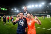 28 November 2021; St Patrick's Athletic players, from left, Chris Forrester, Paddy Barrett and Barry Murphy celebrate following the Extra.ie FAI Cup Final match between Bohemians and St Patrick's Athletic at Aviva Stadium in Dublin. Photo by Stephen McCarthy/Sportsfile