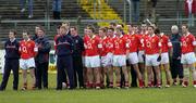 28 March 2004; The Cork team stand for the national anthem. Allianz Football League, Division 1a, Tyrone v Cork, Healy Park, Omagh, Co Tyrone. Picture credit; Ray McManus / SPORTSFILE *EDI*