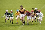 30 March 2004; McDonald's Restaurants of Ireland and the GAA today launched an innovative campaign to improve the hurling and camogie skills of thousands of primary school children across Ireland. Pictured at the launch are Kilkenny captain Martin Comerford showing his hurling skills to left to right, Conor Caheny, Sligo, James Tyrrell, Dublin, Sean Healy, Dublin, Conor Murphy, Dublin,  David McHugh, Kilkenny, Pat Hughes, Sligo, and Eoin Murphy, Dublin. Croke Park, Dublin. Picture credit; Ray McManus / SPORTSFILE *EDI*
