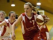 30 March 2004; Barbara Hannon, Dunmore, in action against Siobhan Hurley, St Mary's Edenderry. All - Ireland Schoolgirls Basketball League, Cadette 'C' Final, St. Mary's Edenderry, Co. Offaly, v Dunmore Community School, Co. Galway, ESB Arena, Tallaght, Dublin. Picture credit; Brendan Moran / SPORTSFILE *EDI*