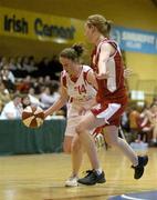 30 March 2004; Brona Sullivan, St. Mary's Edenderry, in action against Bridget MacDonnell, Dunmore. All - Ireland Schoolgirls Basketball League, Cadette 'C' Final, St. Mary's Edenderry, Co. Offaly, v Dunmore Community School, Co. Galway, ESB Arena, Tallaght, Dublin. Picture credit; Brendan Moran / SPORTSFILE *EDI*