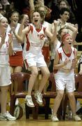 30 March 2004; Players from St. Mary's Edenderry, from left, Sarah Maloney, Orlagh Heavy and Emma Whelan celebrate victory at the final whistle. All - Ireland Schoolgirls Basketball League, Cadette 'C' Final, St. Mary's Edenderry, Co. Offaly, v Dunmore Community School, Co. Galway, ESB Arena, Tallaght, Dublin. Picture credit; Brendan Moran / SPORTSFILE *EDI*