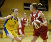 31 March 2004; Fiona Scannell (5), Colaiste Mhuire, in action against Louise Gray, Castletroy College. All - Ireland Schoolgirls Basketball League, Cadette 'B' Final, Castletroy College, Limerick, v Colaiste Mhuire, Crosshaven, Co. Cork, ESB Arena, Tallaght, Dublin. Picture credit; Brendan Moran / SPORTSFILE *EDI*