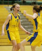 31 March 2004; Castletroy College captain Rachel Clancy (11) celebrates with team-mate Louise Gray at the final whistle. All - Ireland Schoolgirls Basketball League, Cadette 'B' Final, Castletroy College, Limerick, v Colaiste Mhuire, Crosshaven, Co. Cork, ESB Arena, Tallaght, Dublin. Picture credit; Brendan Moran / SPORTSFILE *EDI*