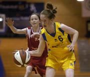 31 March 2004; Louise Grey (6), Castletroy College, in action against Jessica O'Leary, Colaiste Mhuire. All - Ireland Schoolgirls Basketball League, Cadette 'B' Final, Castletroy College, Limerick, v Colaiste Mhuire, Crosshaven, Co. Cork, ESB Arena, Tallaght, Dublin. Picture credit; Brendan Moran / SPORTSFILE *EDI*