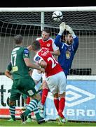26 July 2013; Cork City goalkeeper Mark McNulty in action against Conan Byrne and Anto Flood, St. Patrick’s Athletic. Airtricity League Premier Division, St. Patrick’s Athletic v Cork City, Richmond Park, Dublin. Picture credit: David Maher / SPORTSFILE