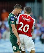 26 July 2013; Kalen Spillane, Cork City, and Anto Flood, St. Patrick’s Athletic, confront each other resulting in the Cork City player being sent off by referee Padraig Sutton. Airtricity League Premier Division, St. Patrick’s Athletic v Cork City, Richmond Park, Dublin. Picture credit: David Maher / SPORTSFILE