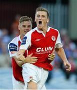 26 July 2013; St. Patrick’s Athletic's Anto Flood, right, celebrates after scoring his side's first goal with team-mate Greg Bolger. Airtricity League Premier Division, St. Patrick’s Athletic v Cork City, Richmond Park, Dublin. Picture credit: David Maher / SPORTSFILE