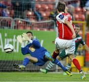 26 July 2013; St. Patrick’s Athletic's Chris Forrester has his shot saved by Cork City goalkeeper Mark McNulty. Airtricity League Premier Division, St. Patrick’s Athletic v Cork City, Richmond Park, Dublin. Picture credit: David Maher / SPORTSFILE