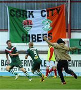 26 July 2013; Cork City's Ciaran Kilduff, left, celebrates after scoring his side's first goal with team-mate Daryl Kavanagh and supporters. Airtricity League Premier Division, St. Patrick’s Athletic v Cork City, Richmond Park, Dublin. Picture credit: David Maher / SPORTSFILE