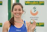 27 July 2013; Tori Pena, Finn Valey A.C., Co. Donegal, celebrates with her gold medal after winning the Women's Pole Vault at the Woodie’s DIY National Senior Track and Field Championships. Morton Stadium, Santry, Co. Dublin. Picture credit: Matt Browne / SPORTSFILE