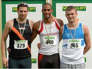 27 July 2013; Winner of the Men's 200m Steven Colvert, centre, Crusaders A.C., Co. Dublin, with third place Brian Gregan, Cloniffe Harriers A.C., Co. Dublin, and second place Marcus Lawlor, right, St Laurence O'Toole A.C., Co. Carlow, at the Woodie’s DIY National Senior Track and Field Championships. Morton Stadium, Santry, Co. Dublin. Picture credit: Matt Browne / SPORTSFILE