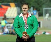 27 July 2013; Team Ireland’s Orla Barry, from Ladysbridge, Cork, after winning silver in the Women’s Discus Throw – F57/58 final. 2013 IPC Athletics World Championships, Stadium Parilly, Lyon, France. Picture credit: John Paul Thomas / SPORTSFILE