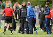 27 July 2013; Donegal manager Jim McGuinness and Laois manager Justin McNulty exchange words during a first half incident on the line. GAA Football All-Ireland Senior Championship, Round 4, Donegal v Laois, Pairc Sean Mac Diarmada, Carrick-on-Shannon, Co. Leitrim. Picture credit: Oliver McVeigh / SPORTSFILE