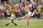 27 July 2013; Fiona Leavy, Westmeath, in action against  Kathy Herron, Donegal. TG4 All-Ireland Ladies Senior Football Championship, Round 1, Qualifier, Donegal v Westmeath, Pairc Sean Mac Diarmada, Carrick-on-Shannon, Co. Leitrim. Picture credit: Oliver McVeigh / SPORTSFILE
