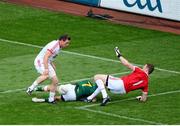 27 July 2013; Meath's Seamus Kenny is tripped on the edge of the square by Conor Gormley of Tyrone. The referee awarded a penalty. GAA Football All-Ireland Senior Championship, Round 4, Meath v Tyrone, Croke Park, Dublin. Picture credit: Ray McManus / SPORTSFILE