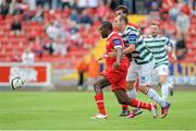 27 July 2013; Joseph Ndo, Sligo Rovers, in action against Karl Sheppard, Shamrock Rovers. Airtricity League Premier Division, Sligo Rovers v Shamrock Rovers,The Showgrounds, Sligo. Picture credit: Tommy Greally / SPORTSFILE