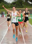 28 July 2013; Paul Robinson, St. Coca's A.C., Co. Kildare,  celebrates after winning the Men's 800m event at the Woodie’s DIY National Senior Track and Field Championships. Morton Stadium, Santry, Co. Dublin. Picture credit: Tomas Greally / SPORTSFILE
