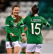 30 November 2021; Kyra Carusa, left, and Lucy Quinn of Republic of Ireland celebrate after an own goal by Maiko Bebia of Georgia during the FIFA Women's World Cup 2023 qualifying group A match between Republic of Ireland and Georgia at Tallaght Stadium in Dublin. Photo by Eóin Noonan/Sportsfile