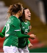 30 November 2021; Lucy Quinn of Republic of Ireland celebrates with teammate Kyra Carusa, left, after scoring her side's third goal during the FIFA Women's World Cup 2023 qualifying group A match between Republic of Ireland and Georgia at Tallaght Stadium in Dublin. Photo by Stephen McCarthy/Sportsfile