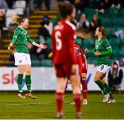 30 November 2021; Diane Caldwell of Republic of Ireland celebrates her side's fourth goal, scored by Denise O'Sullivan, during the FIFA Women's World Cup 2023 qualifying group A match between Republic of Ireland and Georgia at Tallaght Stadium in Dublin. Photo by Eóin Noonan/Sportsfile