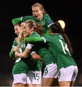 30 November 2021; Republic of Ireland players, including Megan Connolly, Ruesha Littlejohn and Megan Connolly, congratulate Denise O'Sullivan after scoring her side's sixth goal during the FIFA Women's World Cup 2023 qualifying group A match between Republic of Ireland and Georgia at Tallaght Stadium in Dublin. Photo by Stephen McCarthy/Sportsfile