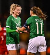 30 November 2021; Saoirse Noonan, left, and Katie McCabe of Republic of Ireland after the FIFA Women's World Cup 2023 qualifying group A match between Republic of Ireland and Georgia at Tallaght Stadium in Dublin. Photo by Eóin Noonan/Sportsfile