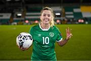 30 November 2021; Denise O'Sullivan of Republic of Ireland with the match ball after scoring a hat-trick in the FIFA Women's World Cup 2023 qualifying group A match between Republic of Ireland and Georgia at Tallaght Stadium in Dublin. Photo by Stephen McCarthy/Sportsfile