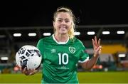 30 November 2021; Denise O'Sullivan of Republic of Ireland with the match ball after scoring a hat-trick in the FIFA Women's World Cup 2023 qualifying group A match between Republic of Ireland and Georgia at Tallaght Stadium in Dublin. Photo by Stephen McCarthy/Sportsfile