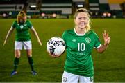 30 November 2021; Denise O'Sullivan of Republic of Ireland with the match ball after scoring a hat-trick in the FIFA Women's World Cup 2023 qualifying group A match between Republic of Ireland and Georgia at Tallaght Stadium in Dublin. Photo by Stephen McCarthy/Sportsfile