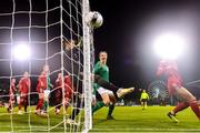 30 November 2021; Georgia goalkeeper Teona Sukhashvili makes a save from Kyra Carusa of Republic of Ireland during the FIFA Women's World Cup 2023 qualifying group A match between Republic of Ireland and Georgia at Tallaght Stadium in Dublin. Photo by Eóin Noonan/Sportsfile