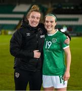30 November 2021; Ciara Grant of Republic of Ireland, right, and Republic of Ireland Sports scientist Kate Keaney during the FIFA Women's World Cup 2023 qualifying group A match between Republic of Ireland and Georgia at Tallaght Stadium in Dublin. Photo by Stephen McCarthy/Sportsfile