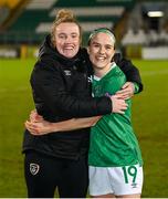 30 November 2021; Ciara Grant of Republic of Ireland, right, and Republic of Ireland Sports scientist Kate Keaney during the FIFA Women's World Cup 2023 qualifying group A match between Republic of Ireland and Georgia at Tallaght Stadium in Dublin. Photo by Stephen McCarthy/Sportsfile