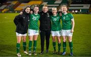 30 November 2021; Republic of Ireland sports scientist Kate Keaney, centre, with Republic of Ireland players, from left, Niamh Fahey, Roma McLaughlin, Ciara Grant and Amber Barrett  after the FIFA Women's World Cup 2023 qualifying group A match between Republic of Ireland and Georgia at Tallaght Stadium in Dublin. Photo by Stephen McCarthy/Sportsfile