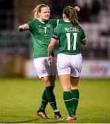 30 November 2021; Diane Caldwell celebrates the opening Republic of Ireland goal with team-mate Katie McCabe, right, during the FIFA Women's World Cup 2023 qualifying group A match between Republic of Ireland and Georgia at Tallaght Stadium in Dublin. Photo by Stephen McCarthy/Sportsfile
