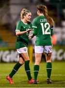 30 November 2021; Denise O'Sullivan of Republic of Ireland celebrates after scoring her side's fourth goal with team-mate Kyra Carusa, right, during the FIFA Women's World Cup 2023 qualifying group A match between Republic of Ireland and Georgia at Tallaght Stadium in Dublin. Photo by Stephen McCarthy/Sportsfile