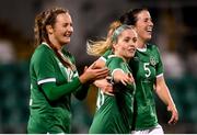 30 November 2021; Denise O'Sullivan of Republic of Ireland celebrates after scoring her side's fourth goal with team-mates Niamh Fahey, right, and Kyra Carusa, left, during the FIFA Women's World Cup 2023 qualifying group A match between Republic of Ireland and Georgia at Tallaght Stadium in Dublin. Photo by Stephen McCarthy/Sportsfile