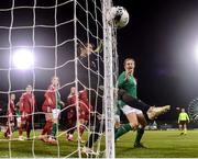 30 November 2021; Georgia goalkeeper Teona Sukhashvili in action against Kyra Carusa of Republic of Ireland during the FIFA Women's World Cup 2023 qualifying group A match between Republic of Ireland and Georgia at Tallaght Stadium in Dublin. Photo by Eóin Noonan/Sportsfile