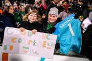 30 November 2021; Republic of Ireland supporters Lillie O'Donovan and Millie Vaughan, right, with the jersey of Republic of Ireland goalkeeper Courtney Brosnan following the FIFA Women's World Cup 2023 qualifying group A match between Republic of Ireland and Georgia at Tallaght Stadium in Dublin. Photo by Stephen McCarthy/Sportsfile
